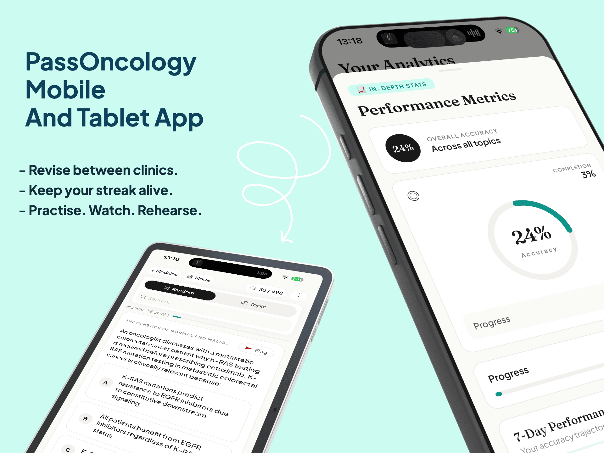 PassOncology mobile and tablet app — practice questions and analytics on phone screens